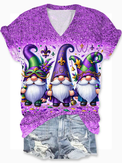 Mardi Gras Gnome Glitter Print Crew Neck T-Shirt V Neck / S Mardi Gras