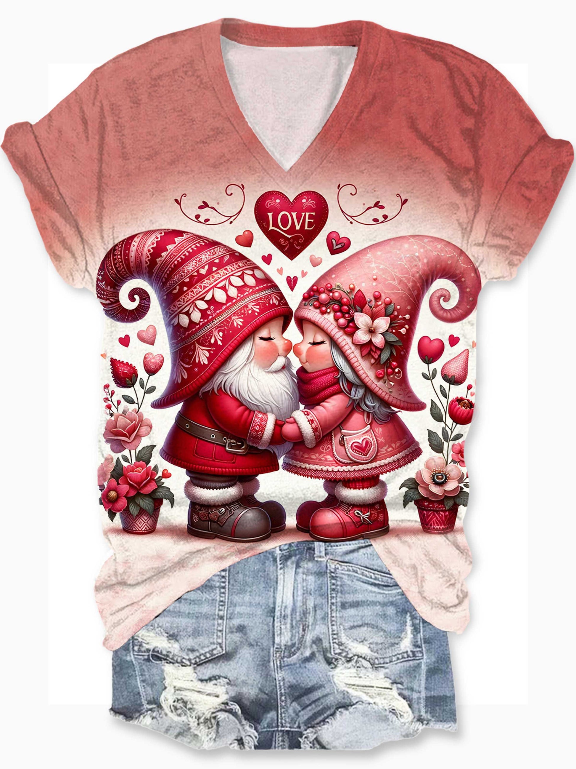 Valentine Love Gnomes Print Crew Neck T-Shirt V Neck / S Saint Valentin
