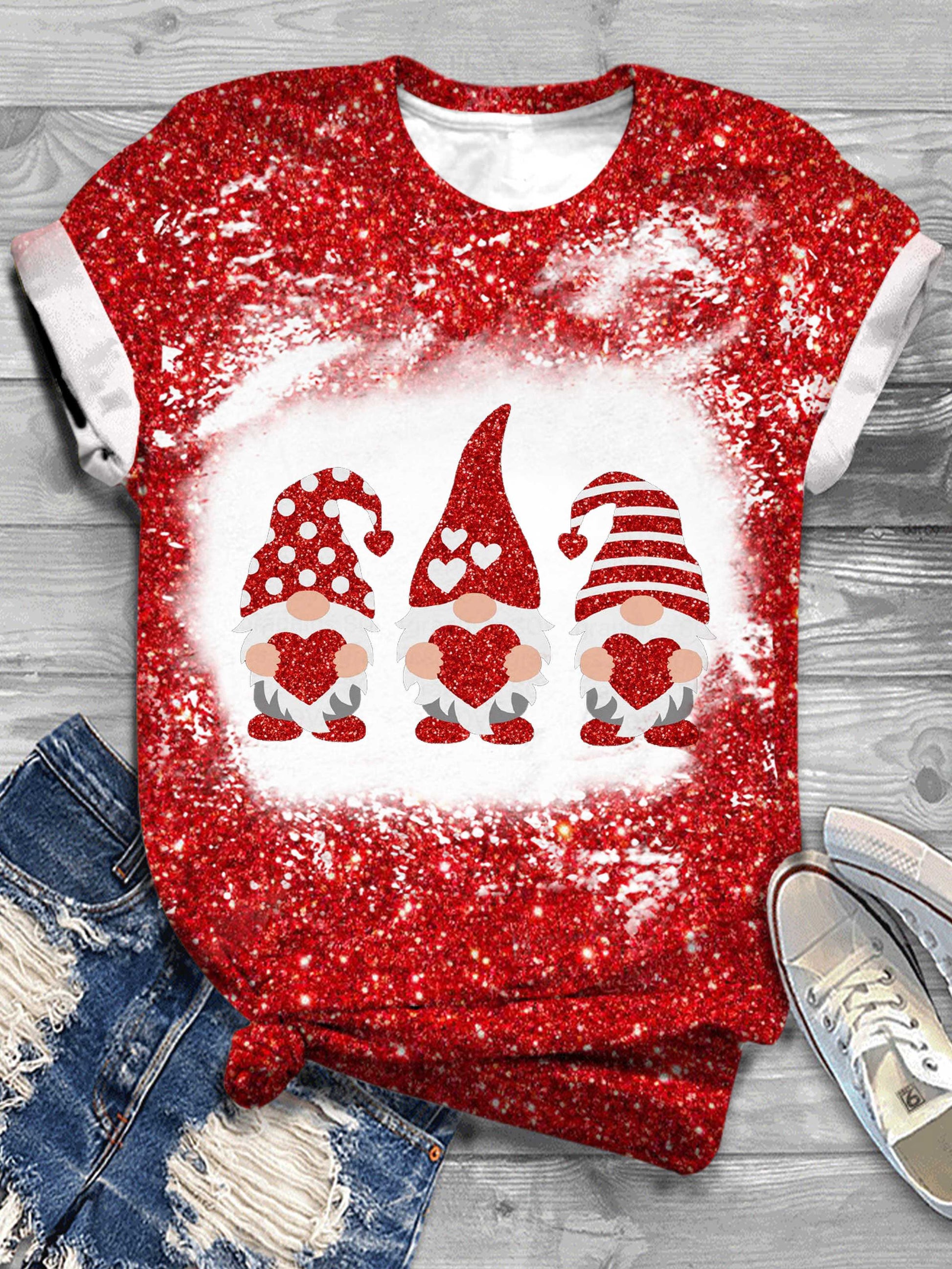 Valentine’s Glitter Gnome V-Neck T-Shirt Crew Neck / S Saint Valentin