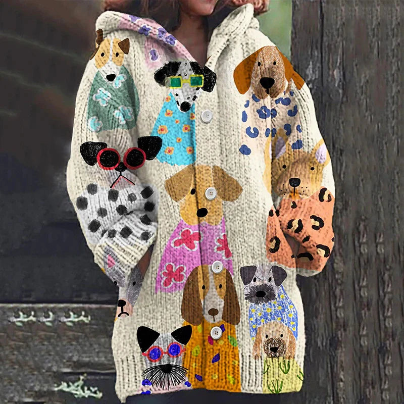 Rétro mignon Pet Print Button Up épais chandail à capuchon à manches longues Cardigan Beige / S Veste
