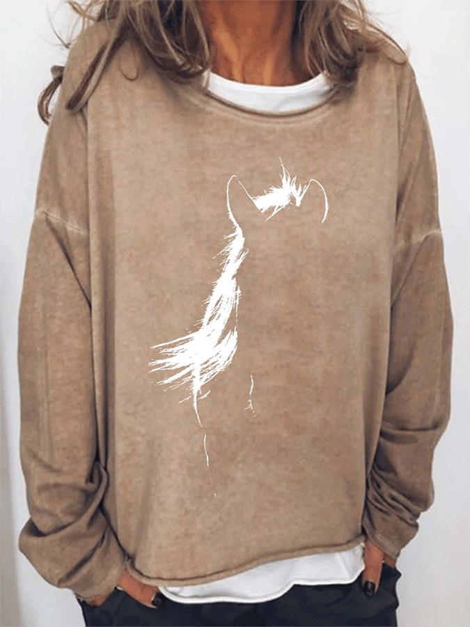 Horse Print Round Neck Casual Sweatshirt Brown / S Pull