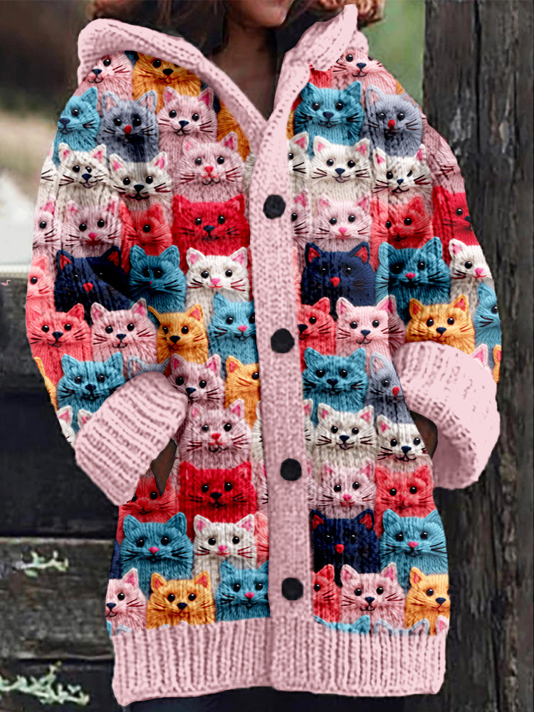 Rétro mignon Pet Print Button Up épais chandail à capuchon à manches longues Cardigan Pink / S Veste