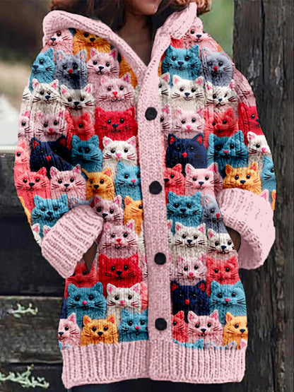 Rétro mignon Pet Print Button Up épais chandail à capuchon à manches longues Cardigan Pink / S Veste