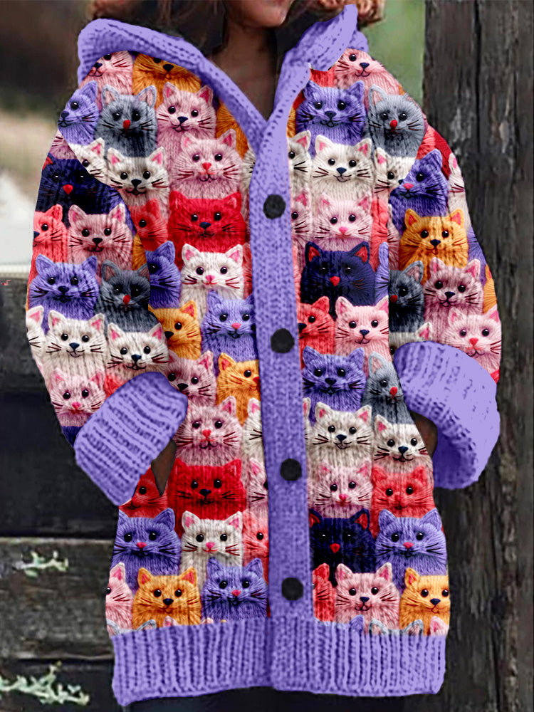 Rétro mignon Pet Print Button Up épais chandail à capuchon à manches longues Cardigan Purple / S Veste