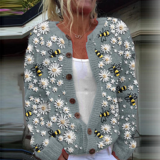 Élégant rétro imprimé floral boutonné décontracté à manches longues en tricot Cardigan Pull Veste