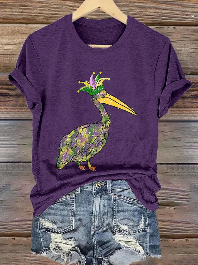 Mardi Gras Pelican Crown Print T-Shirt Mixed Color / S Mardi Gras