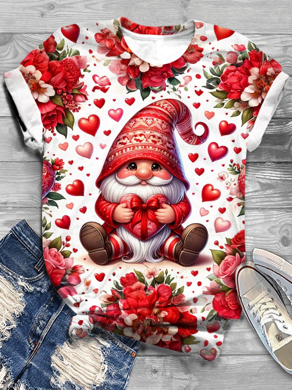 Valentines Day Gnome Print Crew Neck T-Shirt Red / S Saint Valentin