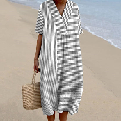 Rétro Boho Floral Imprimé Large Col En V Vintage Lâche Mi-longueur Manches Coton Midi Robe A / S Robes