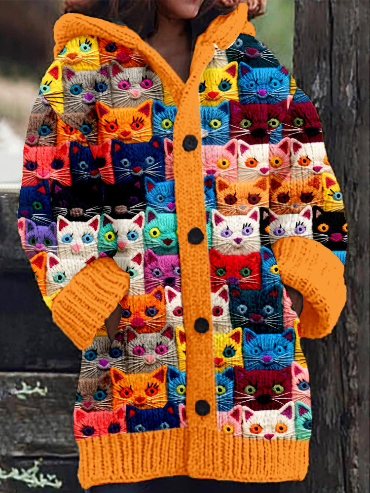 Rétro mignon Pet Print Button Up épais chandail à capuchon à manches longues Cardigan Orange / M Veste
