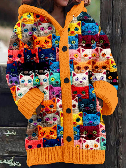Rétro mignon Pet Print Button Up épais chandail à capuchon à manches longues Cardigan Orange / M Veste