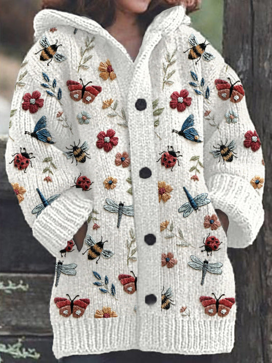 Rétro mignon Pet Print Button Up épais chandail à capuchon à manches longues Cardigan White / S Veste