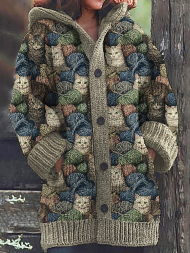 Rétro mignon Pet Print Button Up épais chandail à capuchon à manches longues Cardigan Gray / S Veste