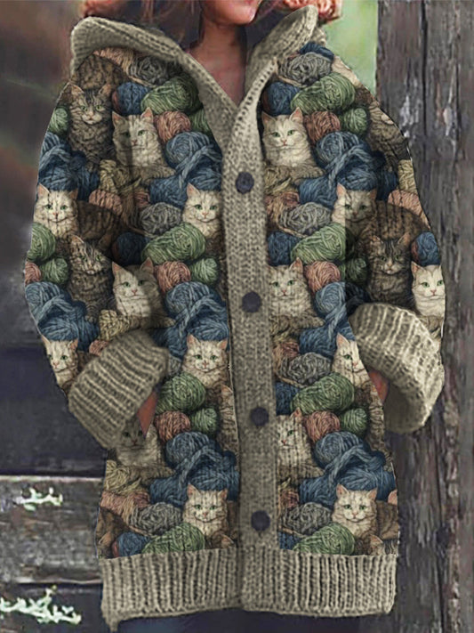 Rétro mignon Pet Print Button Up épais chandail à capuchon à manches longues Cardigan Gray / S Veste