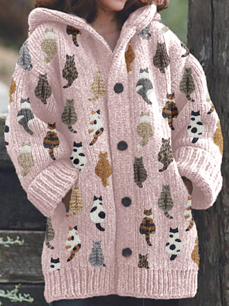 Rétro mignon Pet Print Button Up épais chandail à capuchon à manches longues Cardigan Pink / S Veste