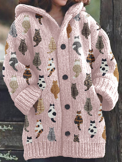 Rétro mignon Pet Print Button Up épais chandail à capuchon à manches longues Cardigan Pink / S Veste
