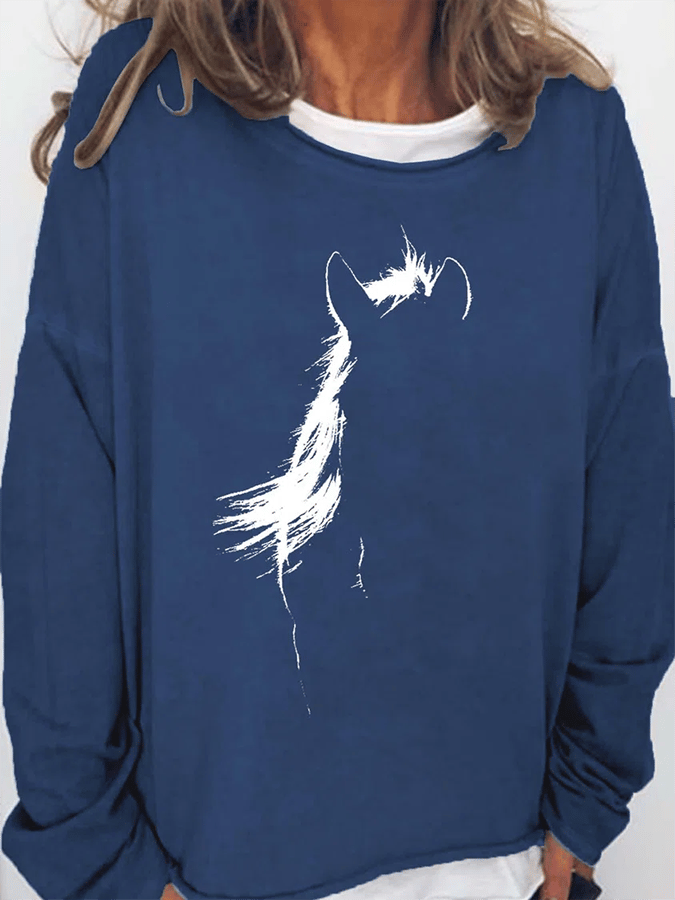 Horse Print Round Neck Casual Sweatshirt Dark Blue / S Pull