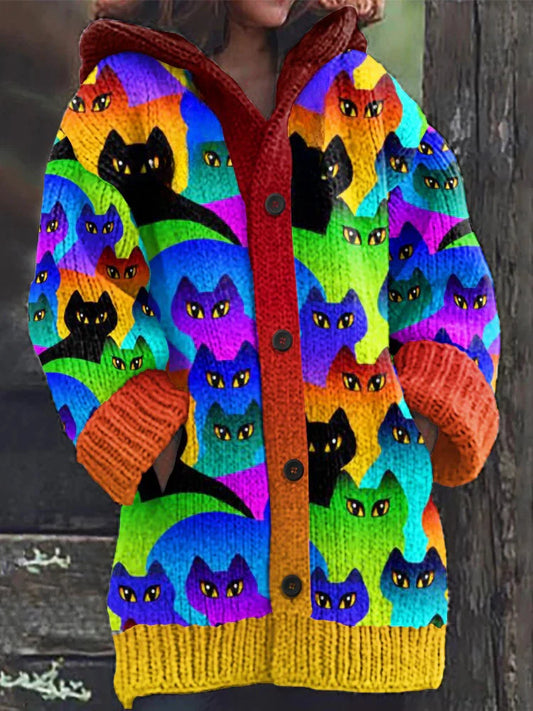 Rétro mignon Pet Print Button Up épais chandail à capuchon à manches longues Cardigan Orange / S Veste
