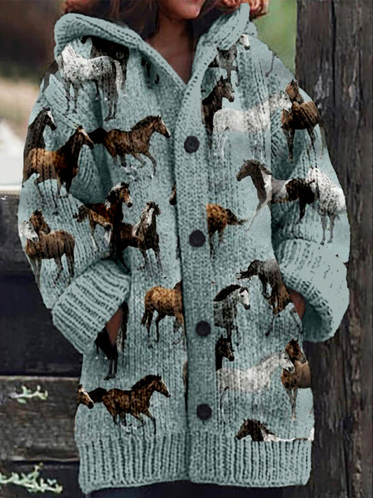 Rétro mignon Pet Print Button Up épais chandail à capuchon à manches longues Cardigan Blue / S Veste