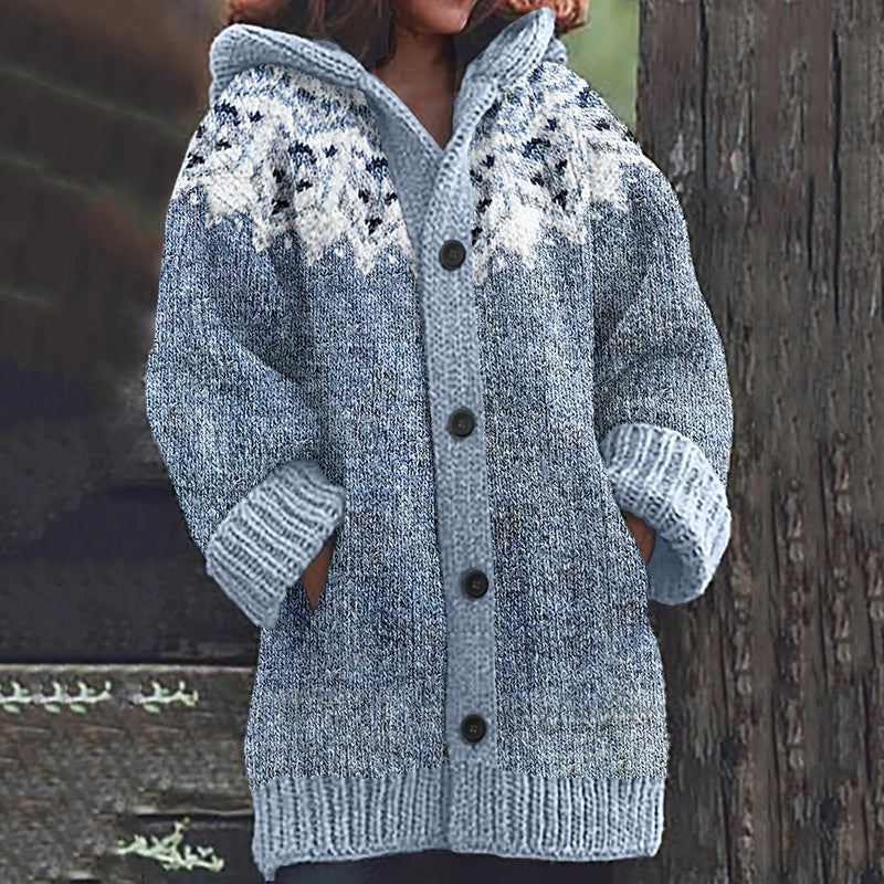 Rétro mignon Pet Print Button Up épais chandail à capuchon à manches longues Cardigan Blue / S Veste