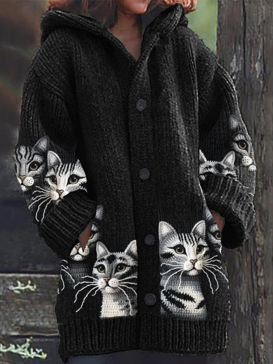 Rétro mignon Pet Print Button Up épais chandail à capuchon à manches longues Cardigan Black / S Veste