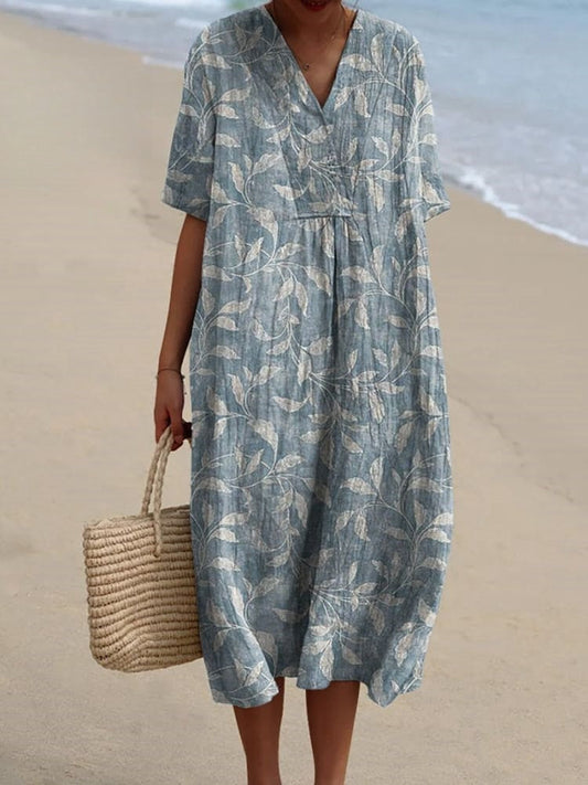 Rétro Boho Floral Imprimé Large Col En V Vintage Lâche Mi-longueur Manches Coton Midi Robe A / S Robes