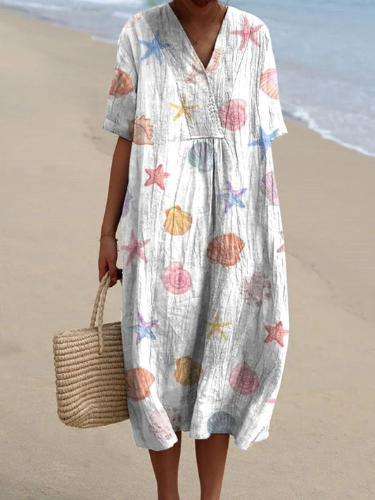 Rétro Boho Floral Imprimé Large Col En V Vintage Lâche Mi-longueur Manches Coton Midi Robe A / S Robes