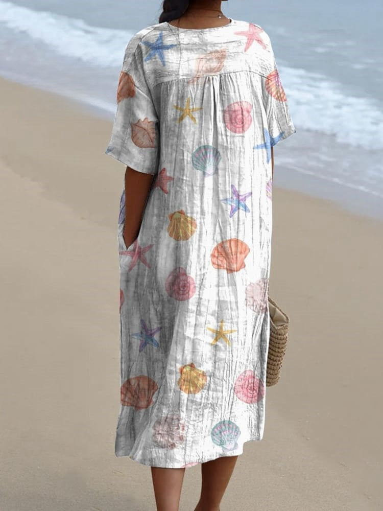 Rétro Boho Floral Imprimé Large Col En V Vintage Lâche Mi-longueur Manches Coton Midi Robe Robes