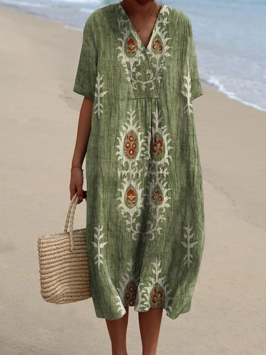 Rétro Boho Floral Imprimé Large Col En V Vintage Lâche Mi-longueur Manches Coton Midi Robe Vert / S Robes