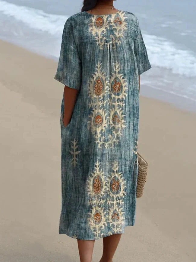 Rétro Boho Floral Imprimé Large Col En V Vintage Lâche Mi-longueur Manches Coton Midi Robe Robes