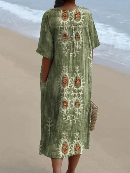 Rétro Boho Floral Imprimé Large Col En V Vintage Lâche Mi-longueur Manches Coton Midi Robe Robes