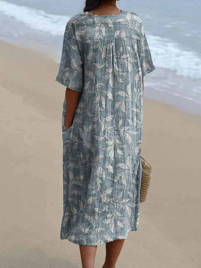 Rétro Boho Floral Imprimé Large Col En V Vintage Lâche Mi-longueur Manches Coton Midi Robe Robes