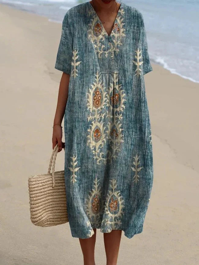 Rétro Boho Floral Imprimé Large Col En V Vintage Lâche Mi-longueur Manches Coton Midi Robe Bleu / S Robes