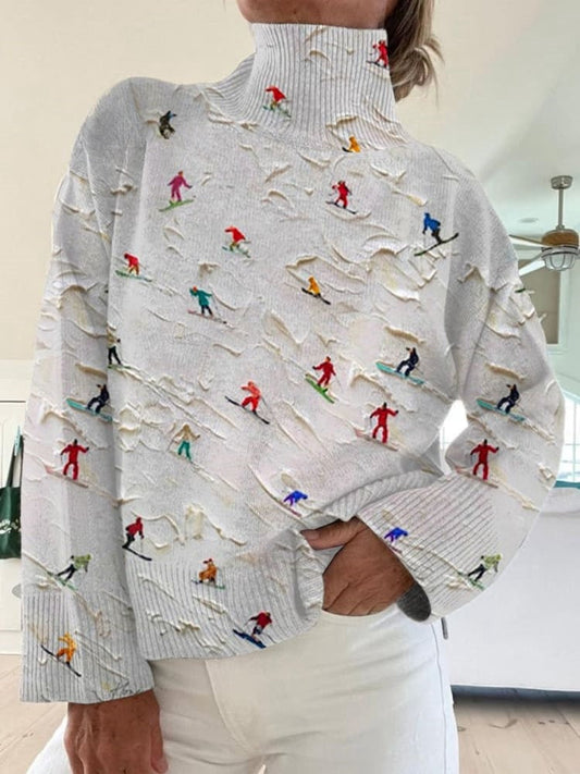Retro Apres Ski Art Print Knit Turtleneck Pullover Sweater Multicolor / S Pull women
