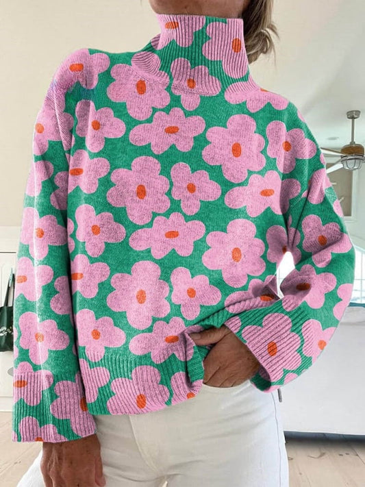Women’s Lovely Floral Art Print Knit Turtleneck Pullover Sweater Multicolor / S Pull women