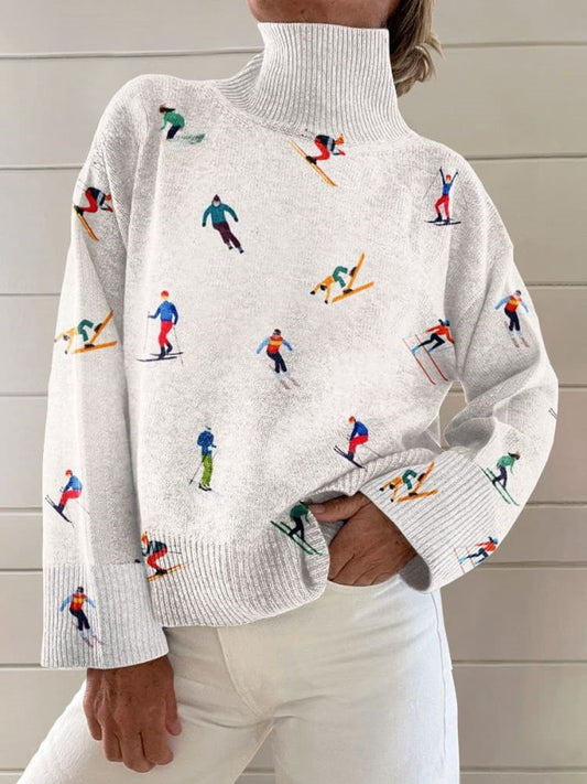 Vintage Winter Ski Print Knit Turtleneck Pullover Sweater Multicolor / S Pull women