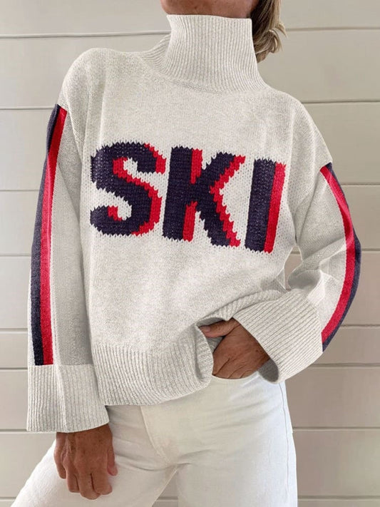 Vintage Winter Ski Print Knit Turtleneck Pullover Sweater Multicolor / S Pull women