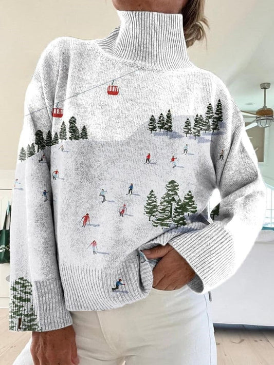 Women’s Ski Pattern Art Print Knit Turtleneck Pullover Sweater Multicolor / S Pull women