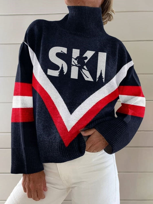 Vintage Winter Ski Print Knit Turtleneck Pullover Sweater Multicolor / S Pull women