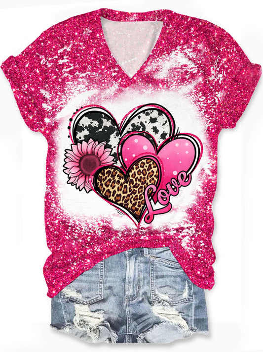 Valentine’s Day Western Hearts Print V Neck T-Shirt multicolor / S Saint Valentin