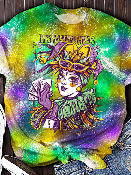 Women’s Sequin Retro Carnival Mask Print Crew Neck T-shirt Mixed Color / S Mardi Gras