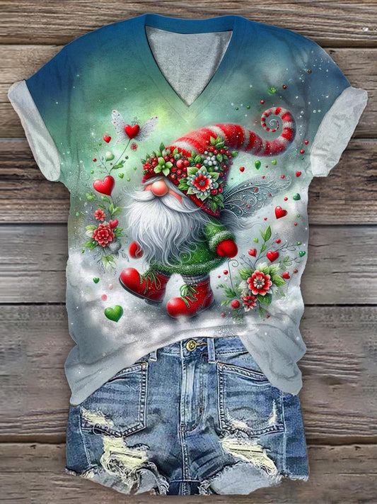 Women’s Gnome Love Flower V-Neck T-Shirt multicolor / S Saint Valentin