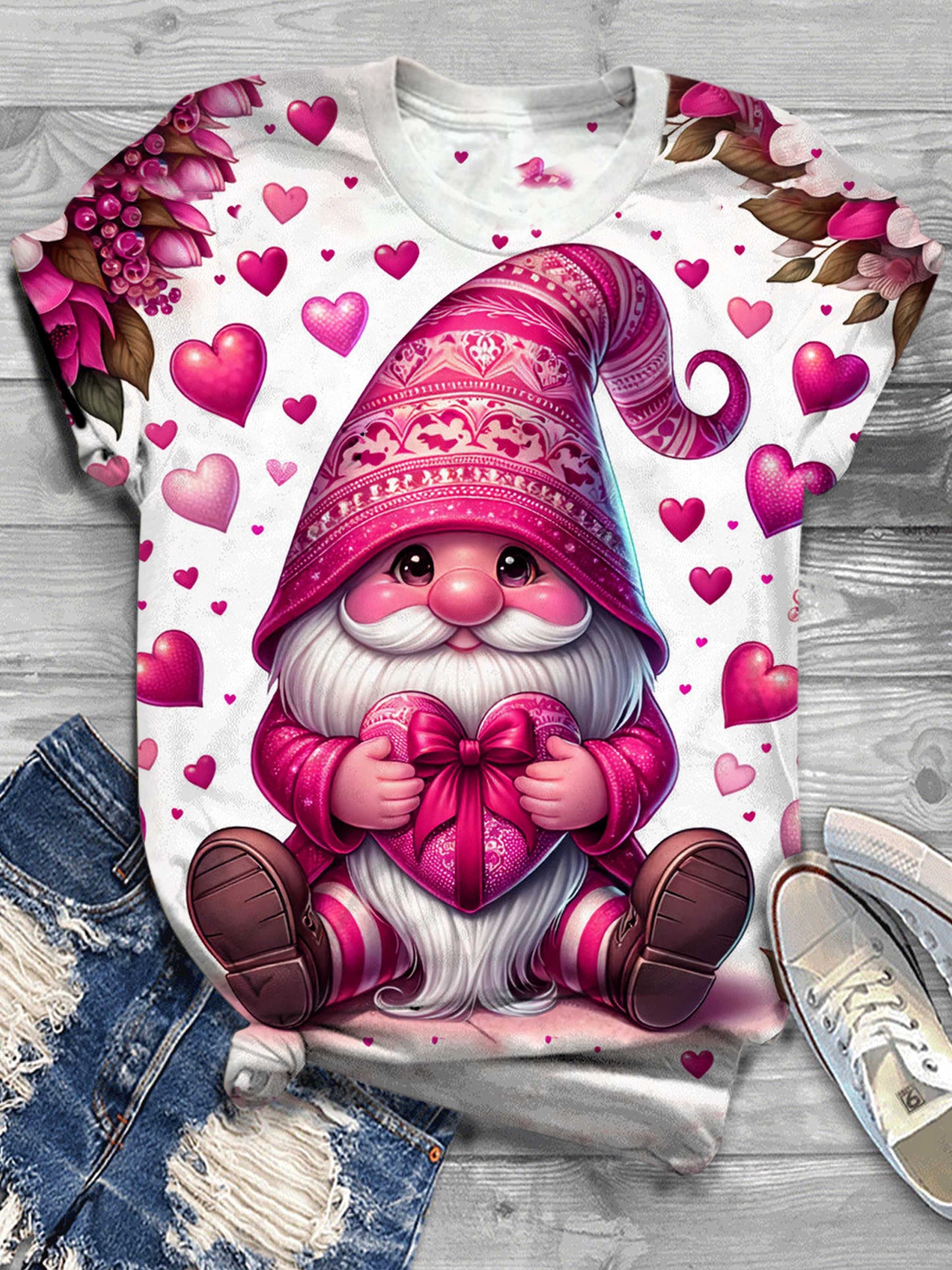 Valentines Day Gnome Print Crew Neck T-Shirt Hot Pink / S Saint Valentin