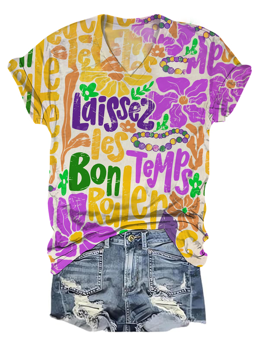Boho Laissez Les Bon Temps Rouler Mardi Gras V-Neck T-Shirt multicolor / S Mardi Gras
