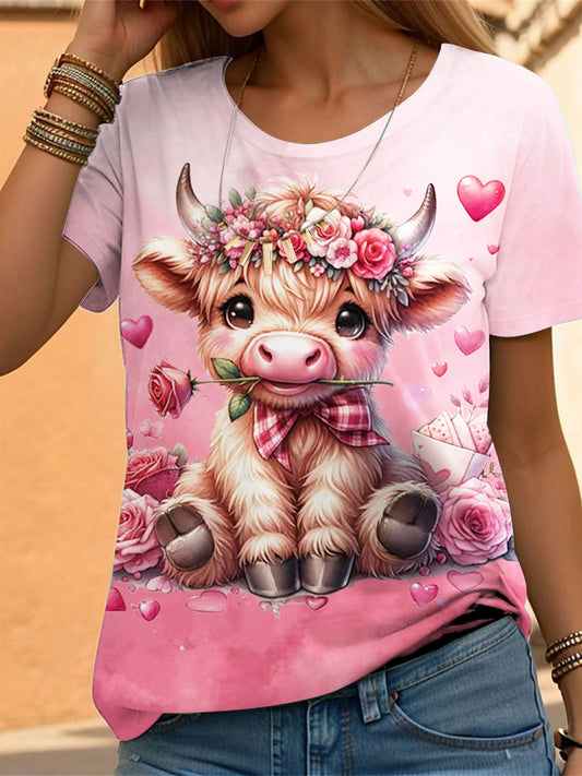 Pink Valentines Highland Cow Print Casual Top Mixed Color / S Saint Valentin