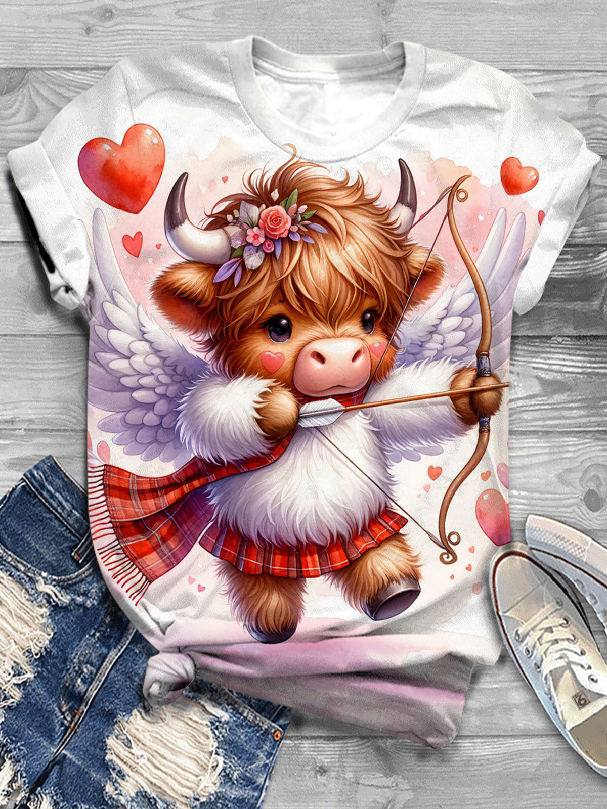 Valentine Cupid Highland Cow Crew Neck T-Shirt multicolor / S Saint Valentin