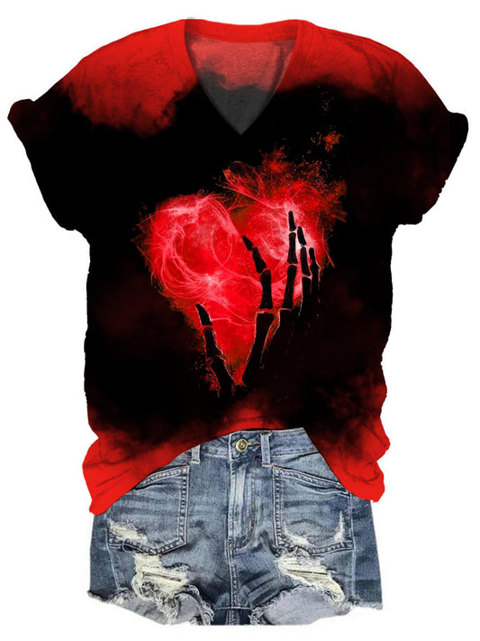 Skull Heart Print Tie Dye V Neck T-Shirt multicolor / S Saint Valentin