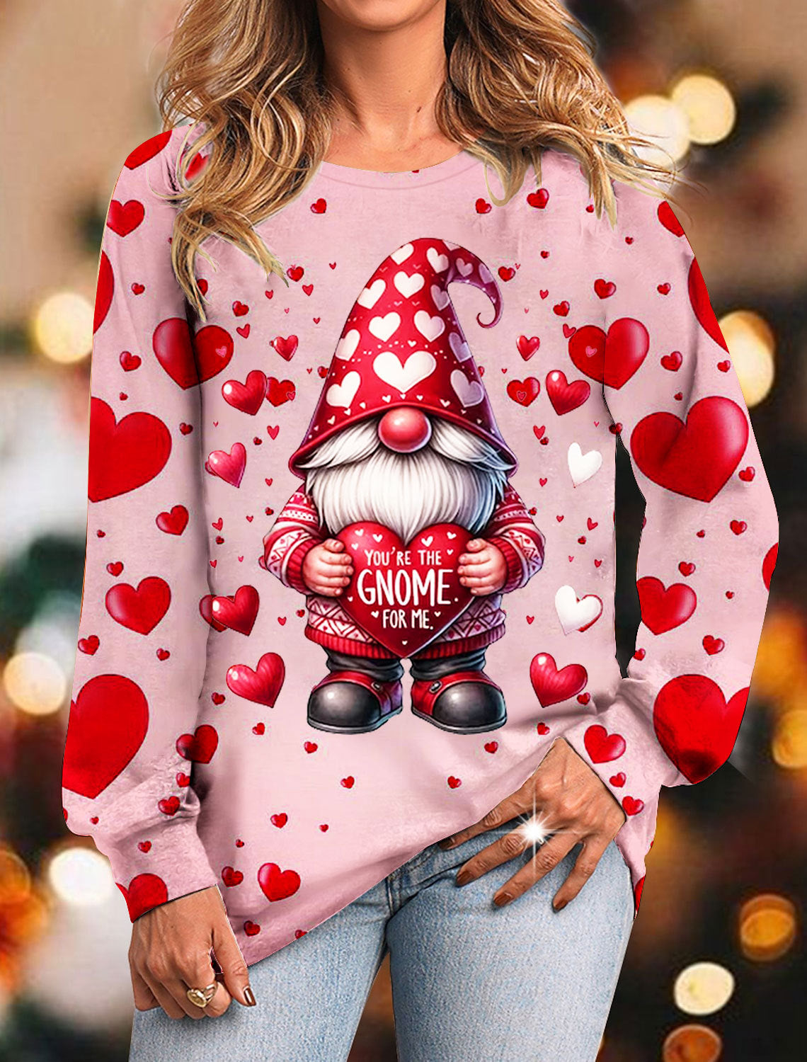 Valentines Gnomes Print Round Neck Long Sleeve Top multicolor / S Saint Valentin