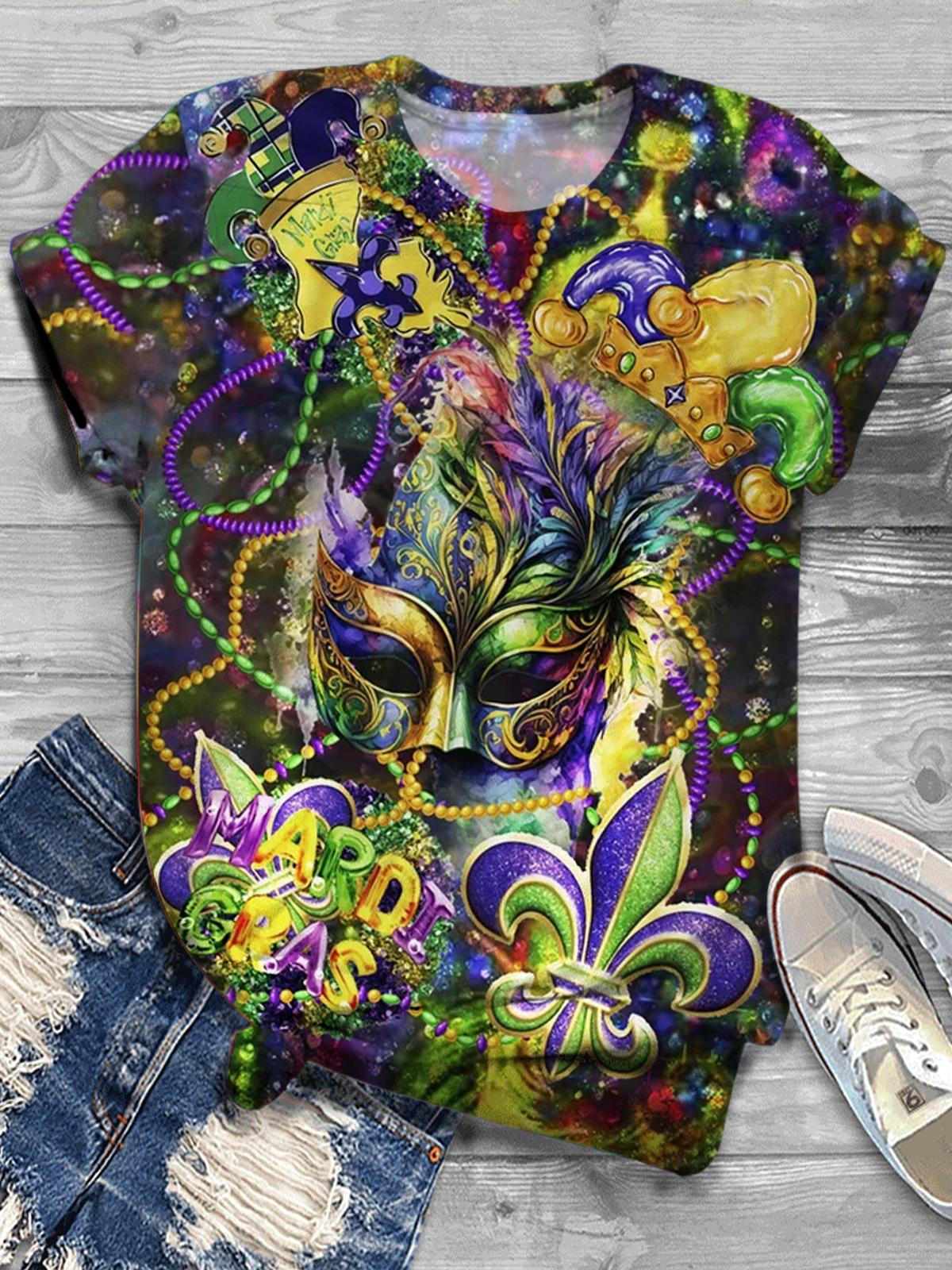 Mardi Gras Print Crew Neck T-shirt Mixed Color / S Mardi Gras