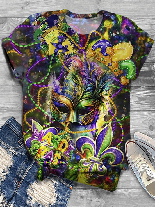 Mardi Gras Print Crew Neck T-shirt Mixed Color / S Mardi Gras
