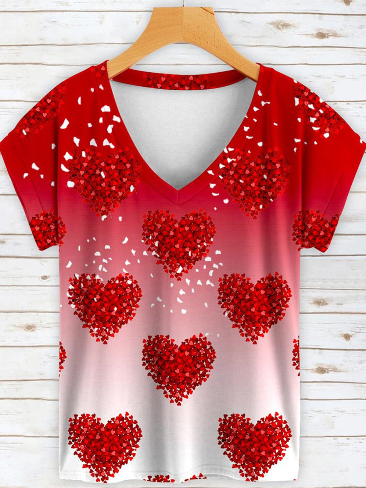 Valentine’s Day Gradient Heart Glitter V-Neck Short Sleeve T-Shirt Saint Valentin
